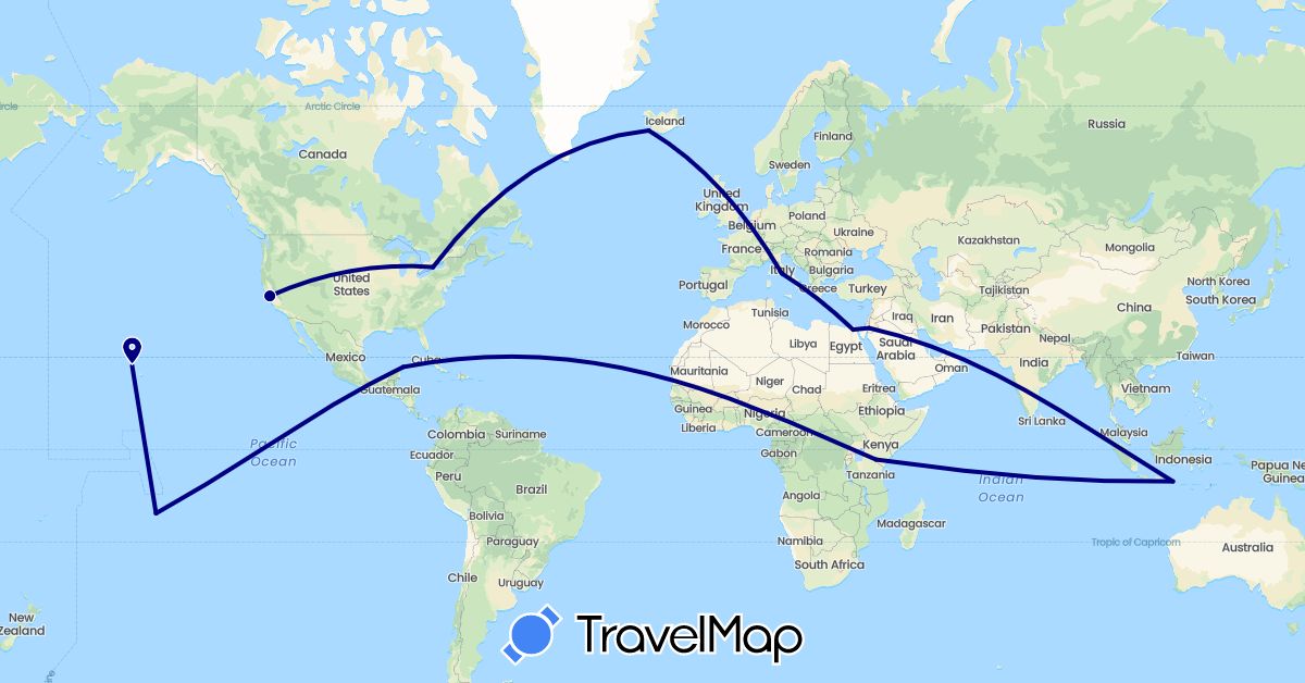 TravelMap itinerary: driving in Canada, Egypt, France, Indonesia, Iceland, Italy, Jordan, Kenya, Mexico, United States (Africa, Asia, Europe, North America)