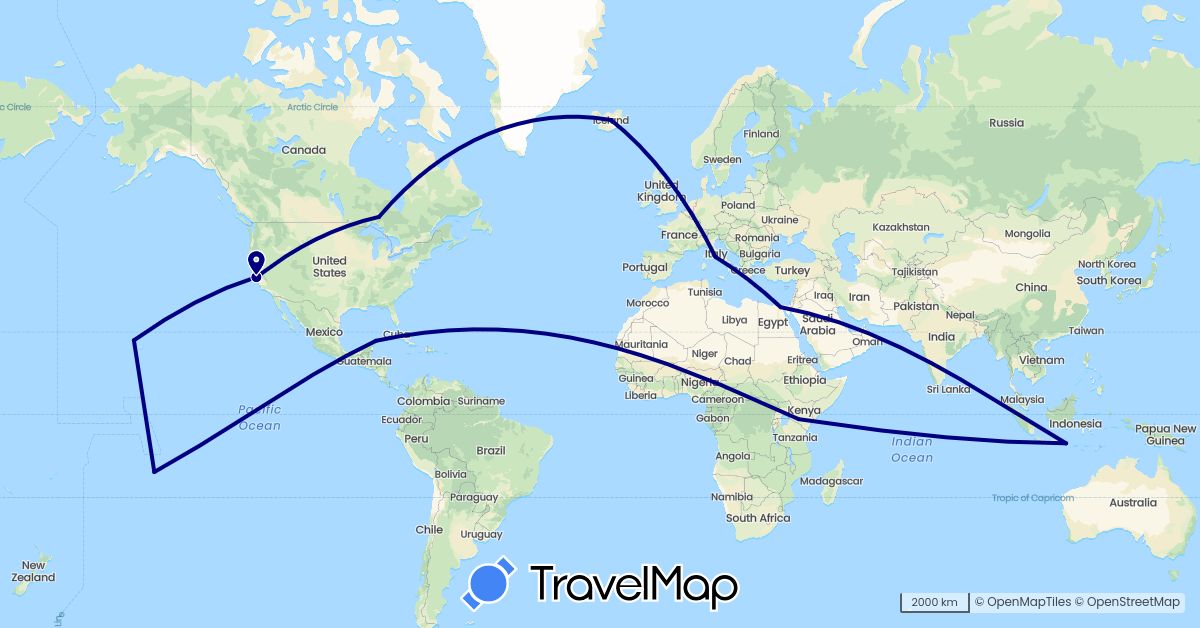 TravelMap itinerary: driving in Canada, Egypt, France, Indonesia, Iceland, Italy, Kenya, Mexico, United States (Africa, Asia, Europe, North America)
